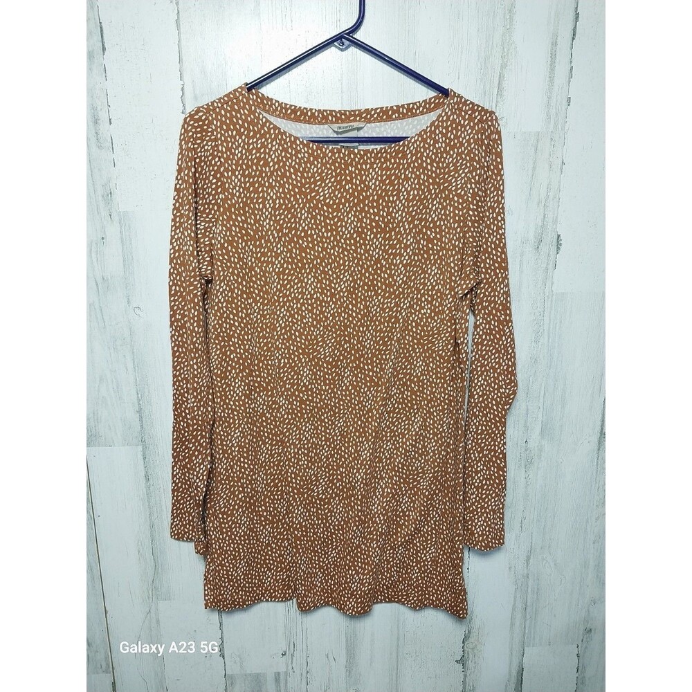 Ladies Duluth Trading Brown Print Pima Cotton Blend Tunic Top Size Med